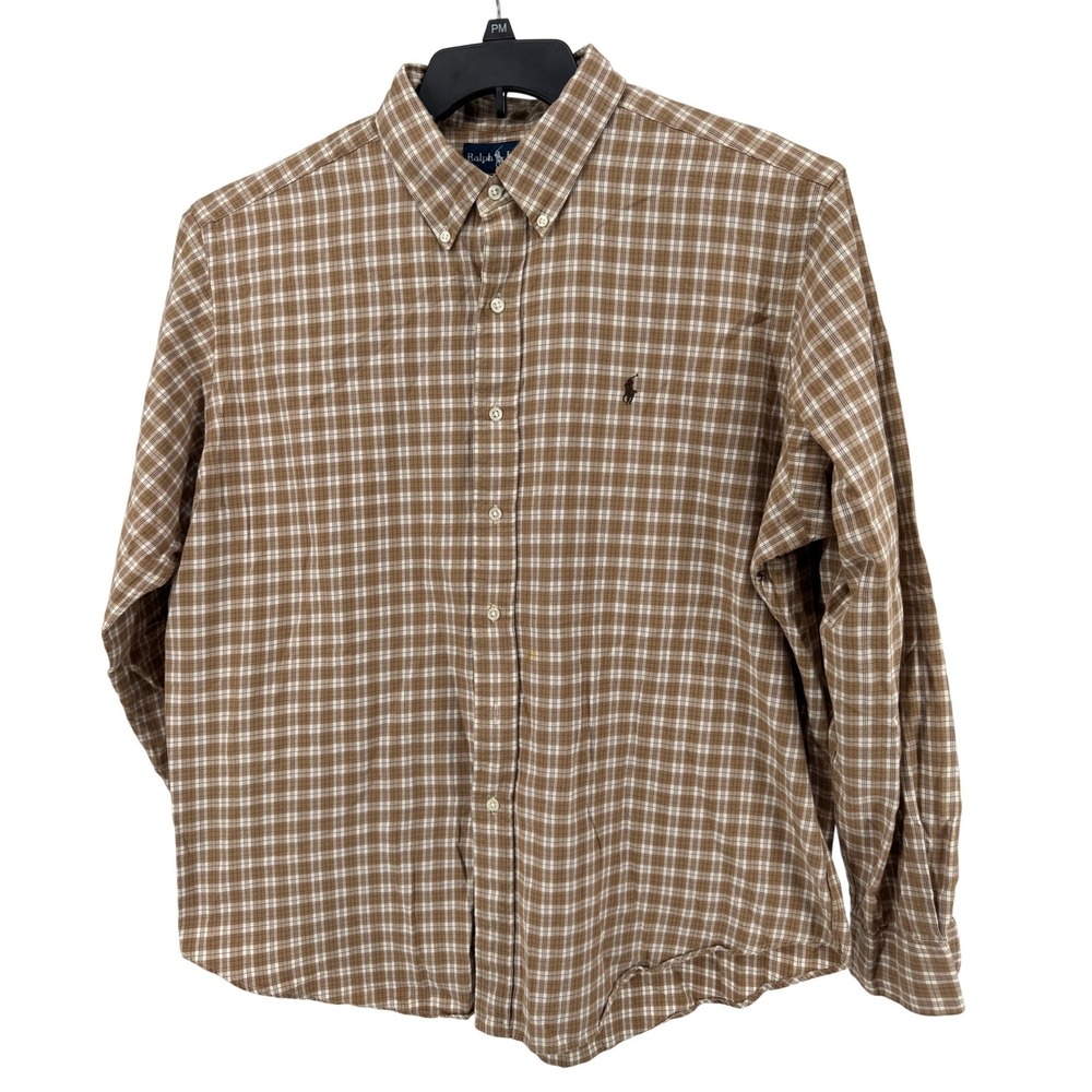 Ralph Lauren Button Down Shirt Mens XXL Brown Plaid Pony Preppy spot‎